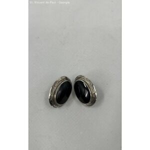 VTG 925 Sterling Silver Large Black Stone Stud Earrings Made in Thailand 5.51g